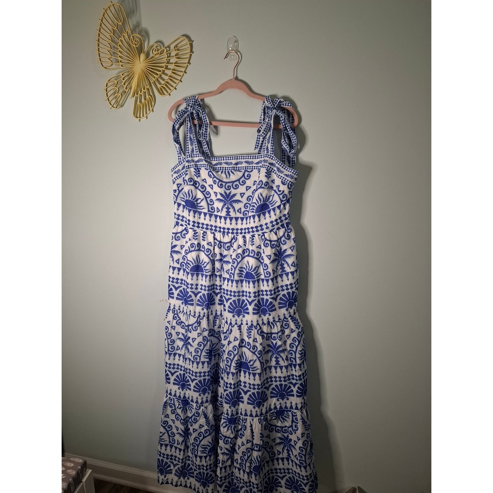 Sugarlips Curve Blue White Tile Print Tiered Tie Strap Maxi Dress 1X NEW